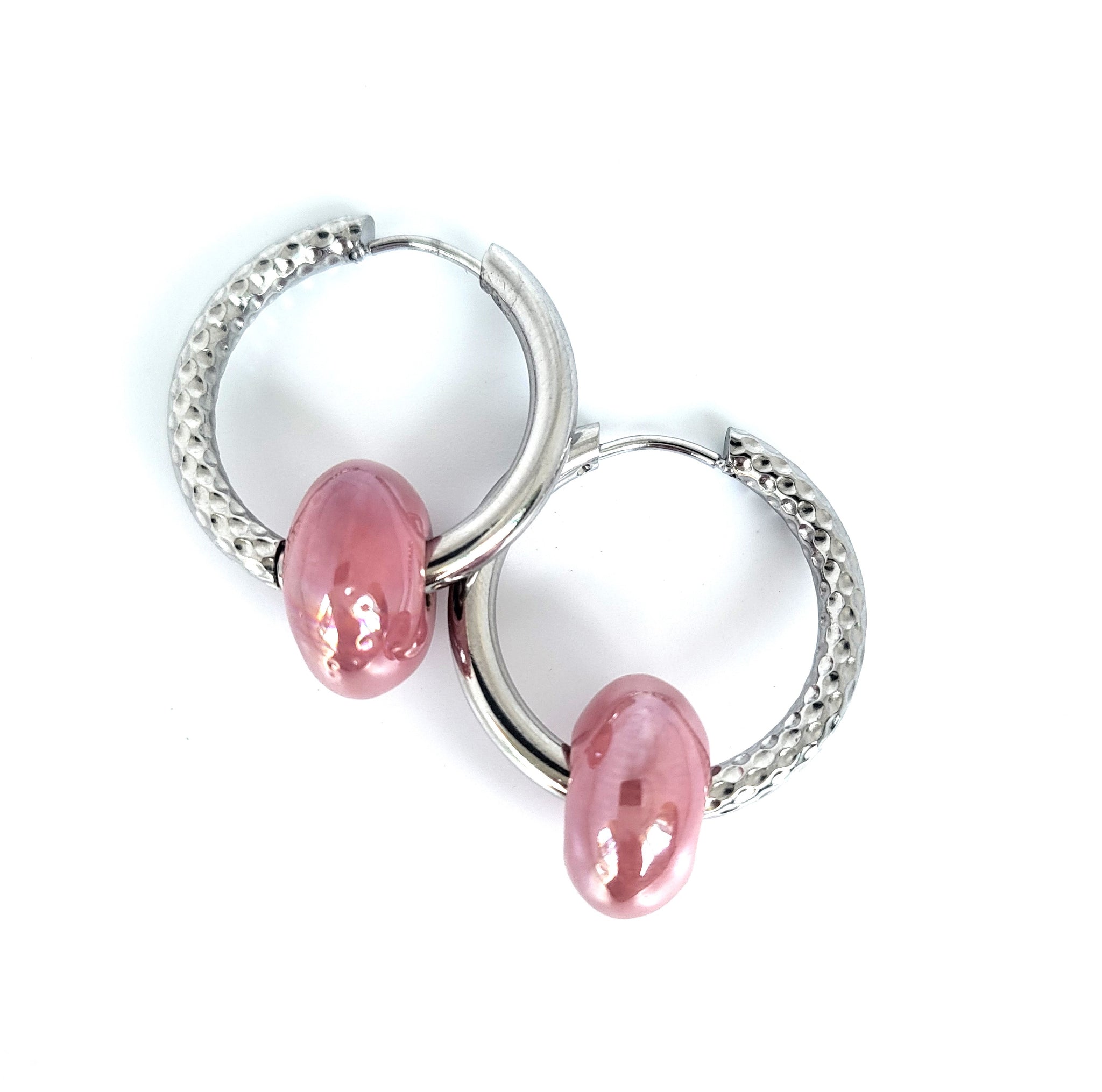 Earrings hoop with pink ceramic bead