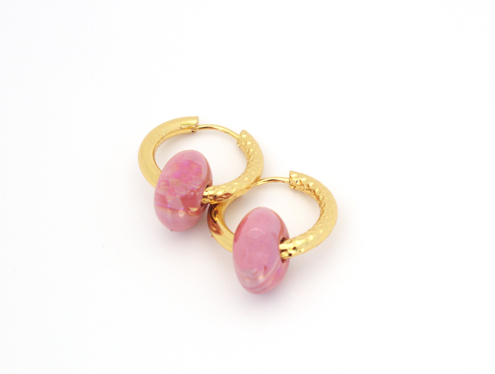 Earrings hoop with pink ceramic bead