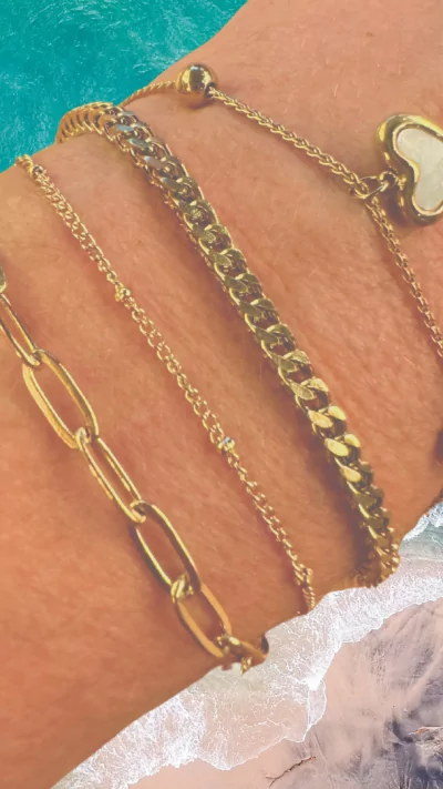 bracelet waterproof. Premium stainless steel with 18krt gold layer. Non-tarnish.